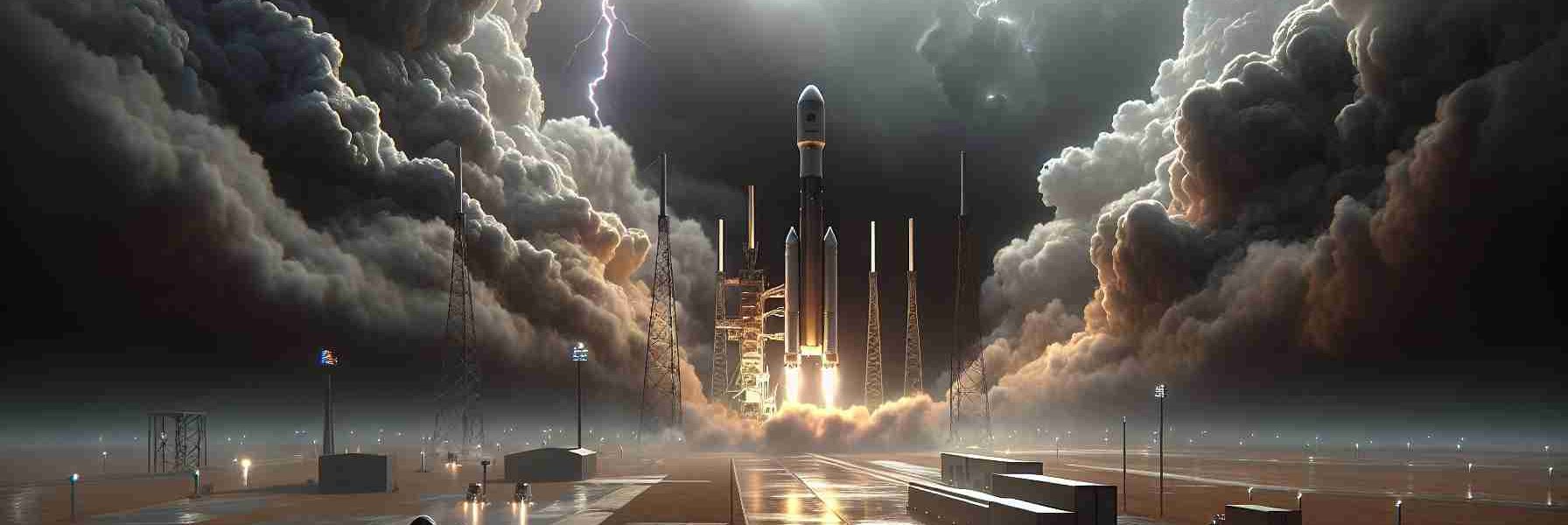 A high-definition, realistic depiction of an upcoming commercial space exploration company's rocket launch. The scene portrays uncertainty due to the weather conditions. Clouds gather ominously over the launch pad, their dark hues a stark contrast against the gleaming rocket poised for liftoff. Lightning flashes in the distance, adding an element of suspense. The ground crew, a diverse mix of genders and races, huddle together, observing the volatile weather with concern yet determination.