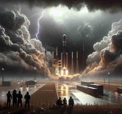 A high-definition, realistic depiction of an upcoming commercial space exploration company's rocket launch. The scene portrays uncertainty due to the weather conditions. Clouds gather ominously over the launch pad, their dark hues a stark contrast against the gleaming rocket poised for liftoff. Lightning flashes in the distance, adding an element of suspense. The ground crew, a diverse mix of genders and races, huddle together, observing the volatile weather with concern yet determination.