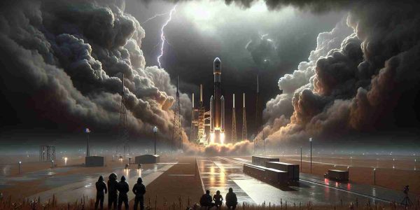 A high-definition, realistic depiction of an upcoming commercial space exploration company's rocket launch. The scene portrays uncertainty due to the weather conditions. Clouds gather ominously over the launch pad, their dark hues a stark contrast against the gleaming rocket poised for liftoff. Lightning flashes in the distance, adding an element of suspense. The ground crew, a diverse mix of genders and races, huddle together, observing the volatile weather with concern yet determination.