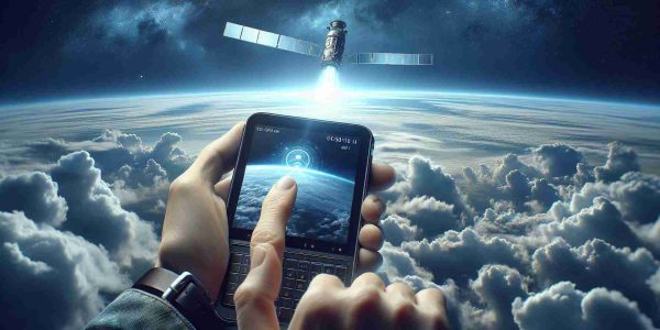 A high-definition, realistic image showcasing the concept of staying connected through satellite messaging. Envision a small, portable satellite messenger device against a backdrop of the blue, cloud-speckled sky. The device screen displays an in-progress conversation, symbolizing communication across great distances. In the far background, a faint image of a satellite orbits the earth, a visual representation of this remarkable technology.