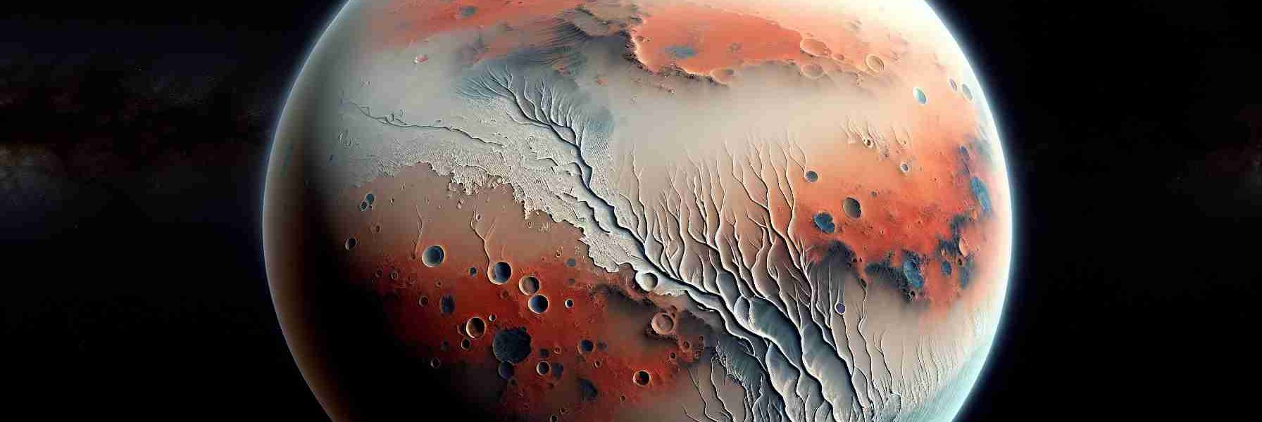 Generate a realistic HD image showcasing the possibility of shallow water pockets on the surface of Mars. Illustrate the red and dusty surface of the planet with patches of ice and the subtle presence of potential water vessels. Also, depict the planet's atmosphere, and in the background, let space and other celestial bodies accentuate the Martian landscape.