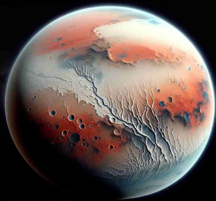 Generate a realistic HD image showcasing the possibility of shallow water pockets on the surface of Mars. Illustrate the red and dusty surface of the planet with patches of ice and the subtle presence of potential water vessels. Also, depict the planet's atmosphere, and in the background, let space and other celestial bodies accentuate the Martian landscape.