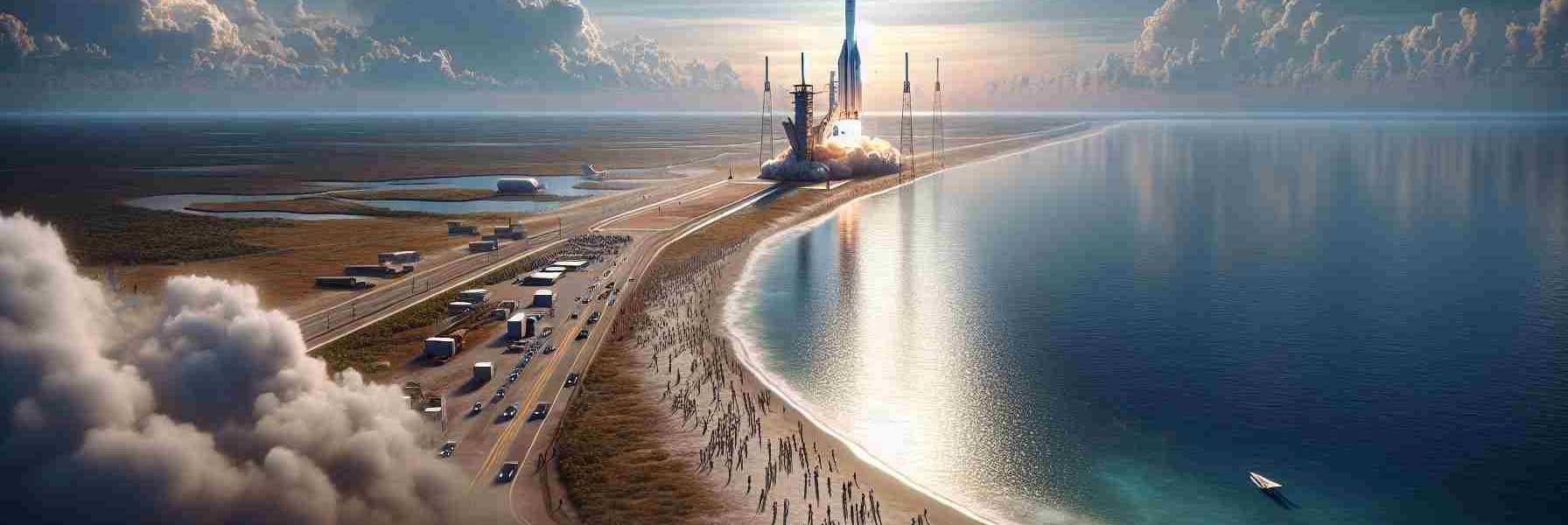 A realistic, high-definition image of an upcoming rocket launch. The scene takes place along a coast, with the mighty rocket poised for launch on the far-reaching launch pad. The boundary where the land meets the sea is clearly visible, with the activity of the launch site visible against the serene ocean backdrop. The rocket, sleek and massive, punctuates the skyline as it awaits its journey into space. Nearby, groups of people from different descents like Caucasian, Hispanic, and Middle-Eastern, male and female, gather in anticipation, their enthusiasm palpable in their expressions and body language.