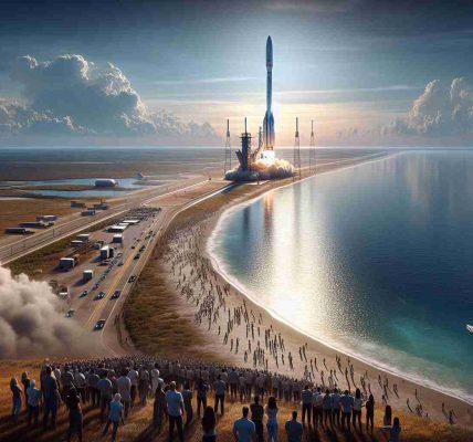 A realistic, high-definition image of an upcoming rocket launch. The scene takes place along a coast, with the mighty rocket poised for launch on the far-reaching launch pad. The boundary where the land meets the sea is clearly visible, with the activity of the launch site visible against the serene ocean backdrop. The rocket, sleek and massive, punctuates the skyline as it awaits its journey into space. Nearby, groups of people from different descents like Caucasian, Hispanic, and Middle-Eastern, male and female, gather in anticipation, their enthusiasm palpable in their expressions and body language.