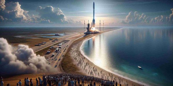 A realistic, high-definition image of an upcoming rocket launch. The scene takes place along a coast, with the mighty rocket poised for launch on the far-reaching launch pad. The boundary where the land meets the sea is clearly visible, with the activity of the launch site visible against the serene ocean backdrop. The rocket, sleek and massive, punctuates the skyline as it awaits its journey into space. Nearby, groups of people from different descents like Caucasian, Hispanic, and Middle-Eastern, male and female, gather in anticipation, their enthusiasm palpable in their expressions and body language.