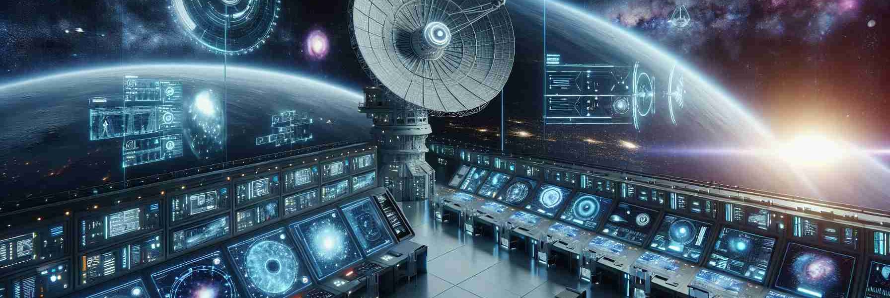 Generate a detailed and realistic HD image that depicts a futuristic scene of space communication. Include a large satellite dish receiving signals from galaxies far away, embedded into a futuristic control station. The control station is adorned with blinking LED lights, holo-screens displaying dynamically changing information, sleek computer stations along white, pristine corridors. Floating holographic maps of star clusters, solar systems and black holes provide an immersive navigation experience. Outside the control station, a view of space showcasing stars and nebulae begins to tell the story of our attempts to reach further into the cosmos.