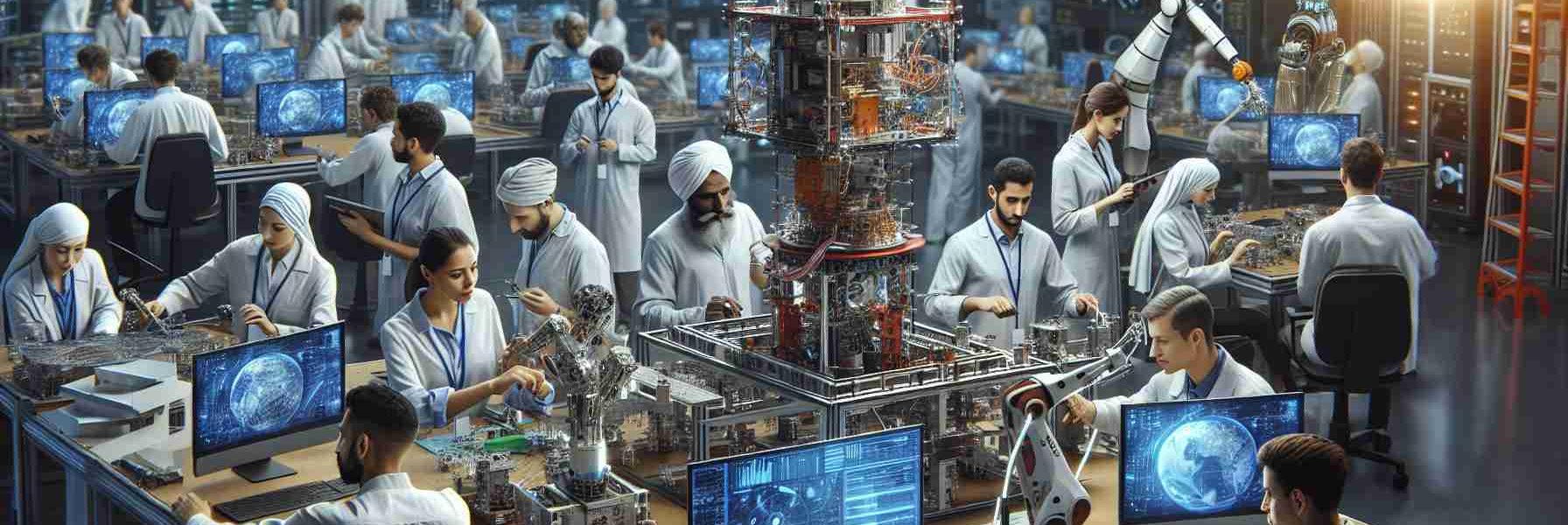 A high-definition image showcasing a careful integration of Artificial Intelligence in satellite production. The scene contains engineers of varied descents, such as Middle-Eastern, Hispanic, and South Asian, both men and women, working on computers and interacting with robotic arms assembling satellite parts. There is visible attention to safety and precision, with AI systems assisting in diagnostics, component assembly, and quality assurance. The setting is a high tech laboratory with screens displaying data analytics, suggesting AI's role in the process.