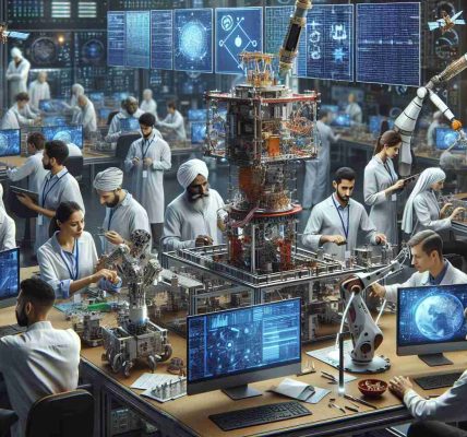 A high-definition image showcasing a careful integration of Artificial Intelligence in satellite production. The scene contains engineers of varied descents, such as Middle-Eastern, Hispanic, and South Asian, both men and women, working on computers and interacting with robotic arms assembling satellite parts. There is visible attention to safety and precision, with AI systems assisting in diagnostics, component assembly, and quality assurance. The setting is a high tech laboratory with screens displaying data analytics, suggesting AI's role in the process.