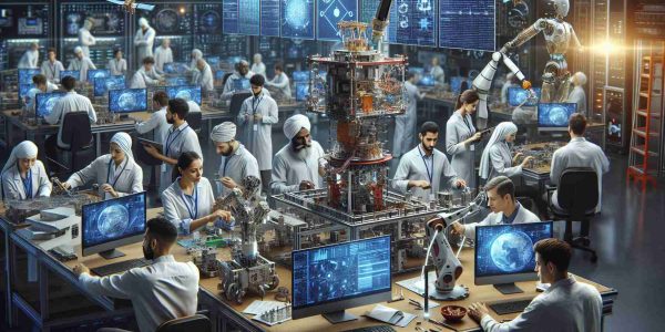 A high-definition image showcasing a careful integration of Artificial Intelligence in satellite production. The scene contains engineers of varied descents, such as Middle-Eastern, Hispanic, and South Asian, both men and women, working on computers and interacting with robotic arms assembling satellite parts. There is visible attention to safety and precision, with AI systems assisting in diagnostics, component assembly, and quality assurance. The setting is a high tech laboratory with screens displaying data analytics, suggesting AI's role in the process.