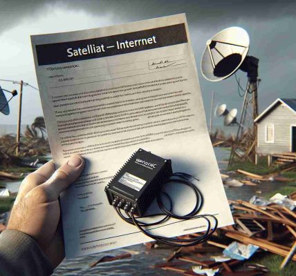 Realistic, high-definition image of a hypothetical offer from a generic satellite internet service to the victims of a hurricane. The offer comes accompanied by a price tag, implying that the aid is not entirely free. Include both a dire post-hurricane scene and a illustrative document, perhaps a letter or an agreement proposal, detailing the terms of the offer.