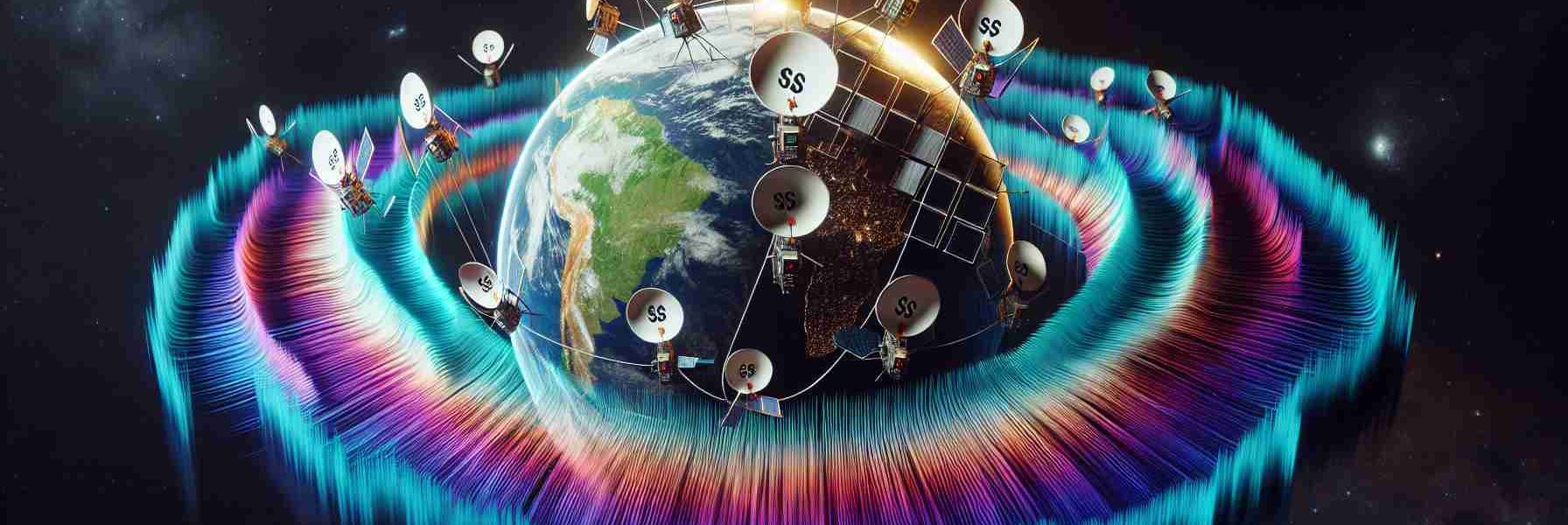 A high-definition, realistic image showcasing an abstract concept where large satellite internet companies are making a plea for affordable spectrum prices. This could be represented through symbolic imagery such as satellites revolving around a planet with price tags attached to spectrum waves, showing them to be lower than usual. The background could be deep space, illuminated by distant stars, and the forefront filled with these satellites and price-tagged spectrum waves.