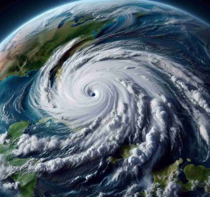 High definition, realistic depiction of a powerful hurricane named Milton, amid favorable conditions, approaching record strength. It swirls with intense bands of rainfall and wind. The visual should depict the storm seen from a satellite perspective, showcasing its ominous size and perfectly rounded eye. The surrounding deep blue ocean and the tropical green landmasses provide contrast. Please use a realistic, photograph-like style.