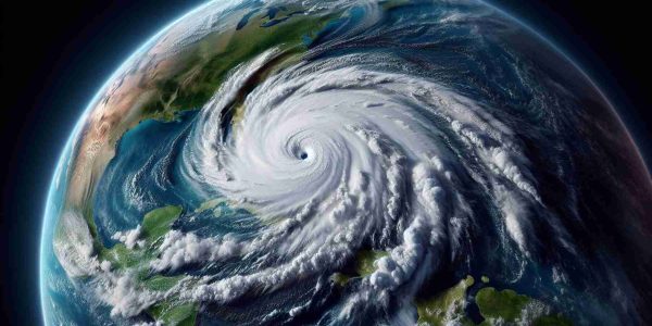 High definition, realistic depiction of a powerful hurricane named Milton, amid favorable conditions, approaching record strength. It swirls with intense bands of rainfall and wind. The visual should depict the storm seen from a satellite perspective, showcasing its ominous size and perfectly rounded eye. The surrounding deep blue ocean and the tropical green landmasses provide contrast. Please use a realistic, photograph-like style.