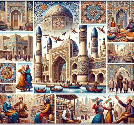 Form a realistic, high-definition image representing Azerbaijan's thriving culture and heritage. Depict elements such as grand architectures with intricate designs, colorful textiles, exquisite ceramic dishes, and lively outdoor markets. Include diverse people enjoying folk music and traditional dances, showcasing men and women of Caucasian, Middle-Eastern descent. Emphasize on the vibrancy, ancient history, and diversity without visualising any specific individuals.