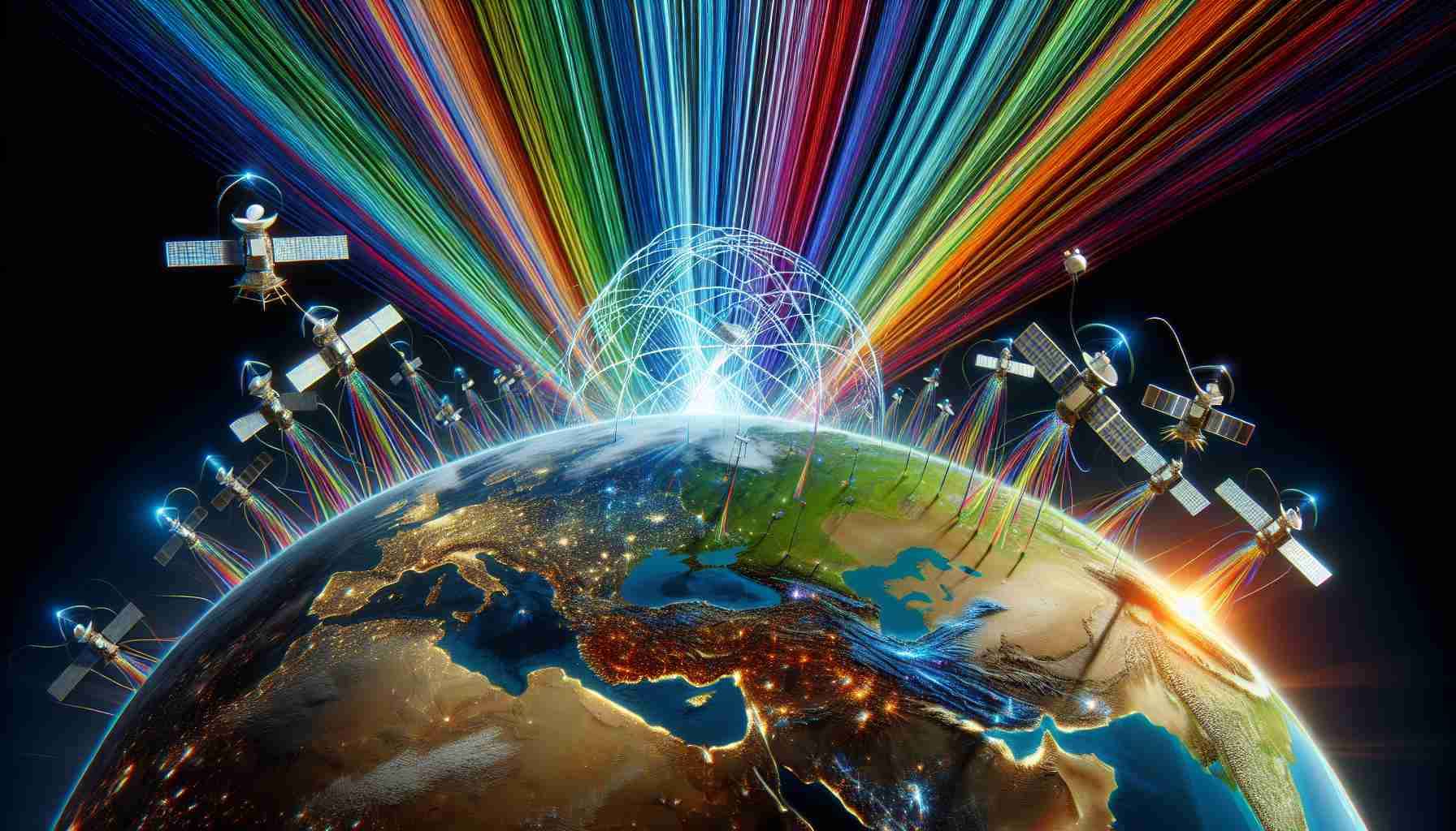 Create a detailed, high-definition image that visually communicates a shift in approach for the allocation of satellite spectrum. The scene should include a large, terrestrial globe with multicolored beams converging from different satellites in space representing the spectrum. The satellite beams on one side of the globe could be chaotic, signifying the old approach, while on the other side they are neatly organized according to some discernible structure, representing the new guidelines for spectrum allocation.