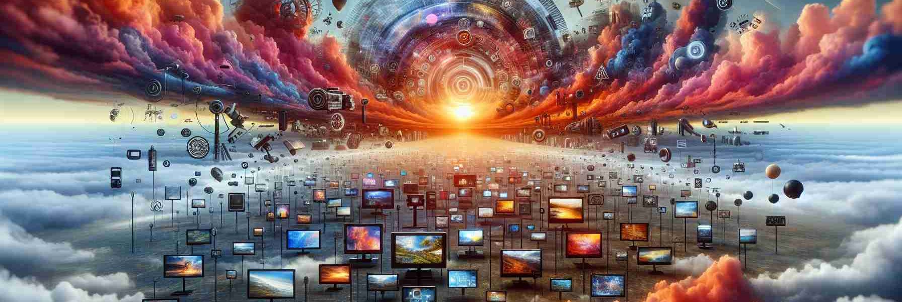 High-definition, realistic image of a conceptual portrayal of the future of television. The scene begins with a sprawling sky painted in hues of sunset, evoking a sense of time's passage. From there, various technological advancements associated with television are subtly integrated, showcasing how it may evolve. This includes aspects such as increasing resolution, interactive content, increasing screen sizes, and the blending of mediums like internet and TV. The overall scene provides a visual metaphor for the journey of television, from its inception to a speculated future.