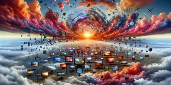 High-definition, realistic image of a conceptual portrayal of the future of television. The scene begins with a sprawling sky painted in hues of sunset, evoking a sense of time's passage. From there, various technological advancements associated with television are subtly integrated, showcasing how it may evolve. This includes aspects such as increasing resolution, interactive content, increasing screen sizes, and the blending of mediums like internet and TV. The overall scene provides a visual metaphor for the journey of television, from its inception to a speculated future.