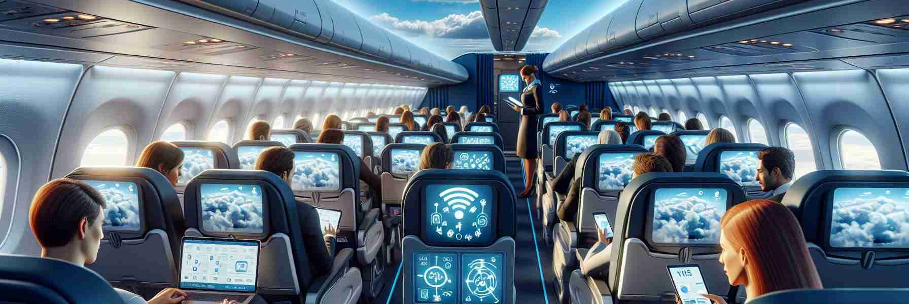 A high-definition, realistic image of an airplane cabin belonging to an unnamed airline. Passengers are seated comfortably, engrossed in their devices due to the revolutionary in-flight internet service. Some are working on their laptops, others are browsing on their tablets, and a few are engrossed in their smartphones. The cabin ambience is serene and digital screens are displaying connectivity instructions. Flight attendants are assisting passengers and explaining the new internet feature. Outside the window, fluffy clouds and a bright blue sky are visible. The logo of the airline is unidentifiable, respecting copyrights.