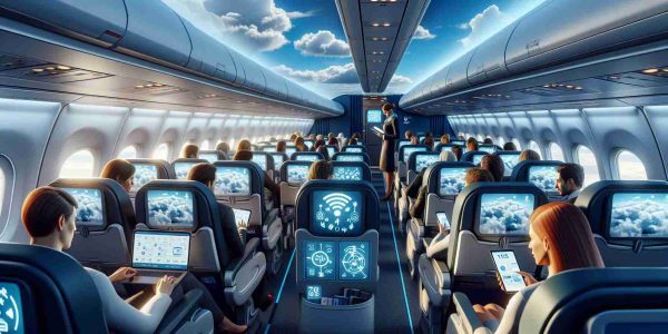 A high-definition, realistic image of an airplane cabin belonging to an unnamed airline. Passengers are seated comfortably, engrossed in their devices due to the revolutionary in-flight internet service. Some are working on their laptops, others are browsing on their tablets, and a few are engrossed in their smartphones. The cabin ambience is serene and digital screens are displaying connectivity instructions. Flight attendants are assisting passengers and explaining the new internet feature. Outside the window, fluffy clouds and a bright blue sky are visible. The logo of the airline is unidentifiable, respecting copyrights.