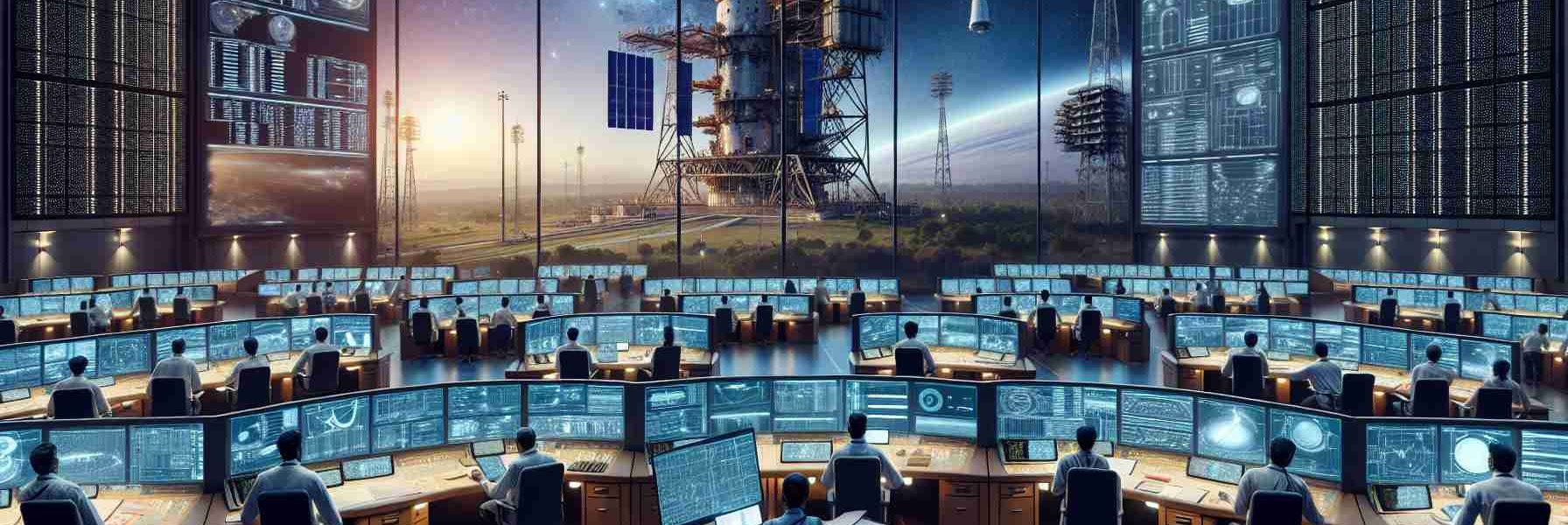 An ultra high-definition, photorealistic image showcasing the advancement of India's space surveillance program through its latest satellite launch initiative. The scene includes a thriving mission control center bustling with a diverse mix of professionals – South Asian men and women in their work attire, busy analyzing data on screens and communicating with the team. In the background, towering monitors display the trajectory of the new satellite. Outside the center, seen through the large glass windows, the site presents an awe-inspiring sight of a satellite, readying for lift off into the twilight sky.