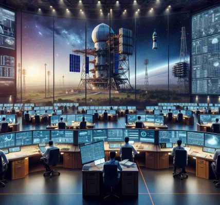 An ultra high-definition, photorealistic image showcasing the advancement of India's space surveillance program through its latest satellite launch initiative. The scene includes a thriving mission control center bustling with a diverse mix of professionals – South Asian men and women in their work attire, busy analyzing data on screens and communicating with the team. In the background, towering monitors display the trajectory of the new satellite. Outside the center, seen through the large glass windows, the site presents an awe-inspiring sight of a satellite, readying for lift off into the twilight sky.