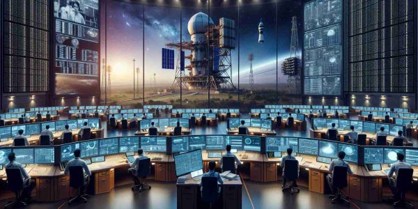 An ultra high-definition, photorealistic image showcasing the advancement of India's space surveillance program through its latest satellite launch initiative. The scene includes a thriving mission control center bustling with a diverse mix of professionals – South Asian men and women in their work attire, busy analyzing data on screens and communicating with the team. In the background, towering monitors display the trajectory of the new satellite. Outside the center, seen through the large glass windows, the site presents an awe-inspiring sight of a satellite, readying for lift off into the twilight sky.