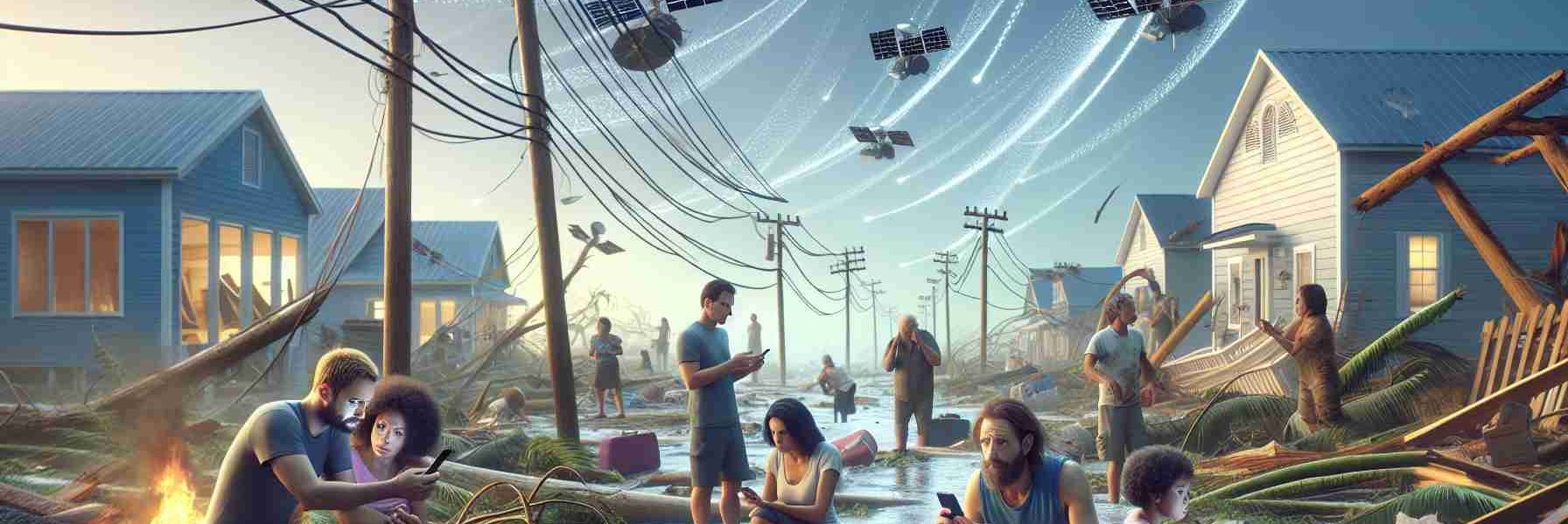 High-definition, realistic image depicting the scenario of a hurricane aftermath where survivors are making use of the Starlink service to boost their communication. The image shows a variety of individuals from different descents such as Caucasian, Hispanic, and South Asian people. A foreground scene shows a family, a father and mother, attempting to connect with their mobile devices. The aftermath of the hurricane is shown around them, with upturned trees and damaged buildings. In the sky, the Starlink satellites can be seen, represented as small dots aligned in a chain.