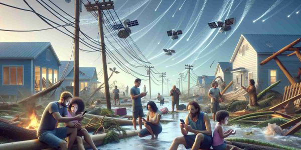 High-definition, realistic image depicting the scenario of a hurricane aftermath where survivors are making use of the Starlink service to boost their communication. The image shows a variety of individuals from different descents such as Caucasian, Hispanic, and South Asian people. A foreground scene shows a family, a father and mother, attempting to connect with their mobile devices. The aftermath of the hurricane is shown around them, with upturned trees and damaged buildings. In the sky, the Starlink satellites can be seen, represented as small dots aligned in a chain.