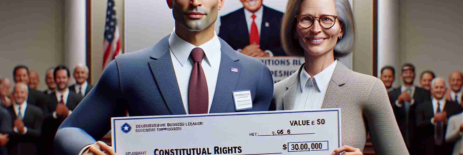 A realistic HD photo of a renowned entrepreneur's million-dollar pledge in support of constitutional rights. The image features a charismatic business leader, with prominent facial features and short light brown hair. He's holding an oversized cheque with a value of a million dollars, presented to a representative of an organization that champions constitutional rights. The representative is a middle-aged, Caucasian woman with glasses and a confident smile. They both stand in a well-lit hall, with a banner behind them articulating their support for the cause.