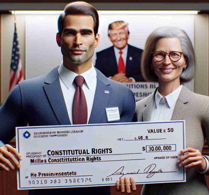 A realistic HD photo of a renowned entrepreneur's million-dollar pledge in support of constitutional rights. The image features a charismatic business leader, with prominent facial features and short light brown hair. He's holding an oversized cheque with a value of a million dollars, presented to a representative of an organization that champions constitutional rights. The representative is a middle-aged, Caucasian woman with glasses and a confident smile. They both stand in a well-lit hall, with a banner behind them articulating their support for the cause.