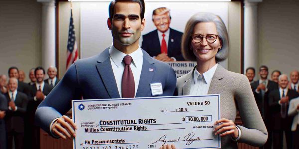 A realistic HD photo of a renowned entrepreneur's million-dollar pledge in support of constitutional rights. The image features a charismatic business leader, with prominent facial features and short light brown hair. He's holding an oversized cheque with a value of a million dollars, presented to a representative of an organization that champions constitutional rights. The representative is a middle-aged, Caucasian woman with glasses and a confident smile. They both stand in a well-lit hall, with a banner behind them articulating their support for the cause.