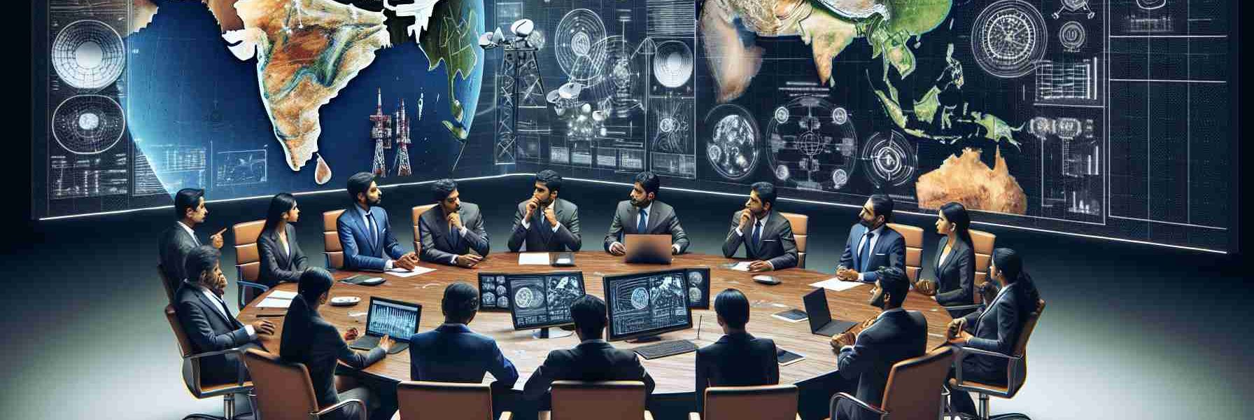 Detailed and realistic high-definition image of a setting that represents the emergent concern over satellite communication regulations in India. Picture a tense meeting environment with several Indian professionals in business suits of all genders and descents. Some are discussing and pointing at a large display showing various satellite maps of India and complex communication diagrams. On a table, there are documents with titles related to satellite communication laws. This scene is marked by seriousness to highlight the complexity and importance of the issue.