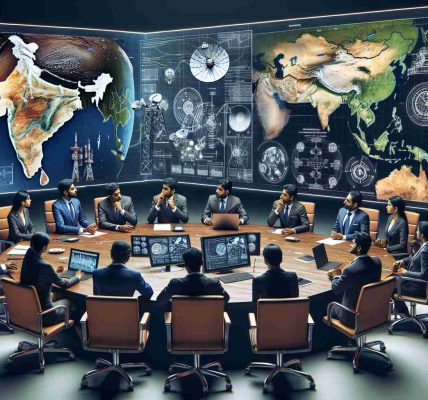 Detailed and realistic high-definition image of a setting that represents the emergent concern over satellite communication regulations in India. Picture a tense meeting environment with several Indian professionals in business suits of all genders and descents. Some are discussing and pointing at a large display showing various satellite maps of India and complex communication diagrams. On a table, there are documents with titles related to satellite communication laws. This scene is marked by seriousness to highlight the complexity and importance of the issue.