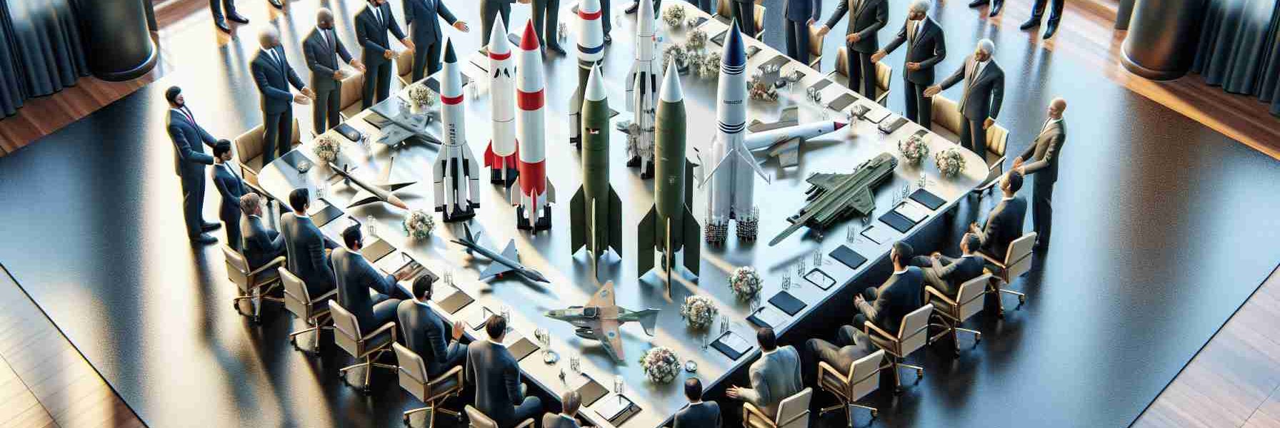 Realistic high-definition image displaying a representation of major contracts being symbolically awarded for missile defense initiatives. Imagine a formal setting with a big conference table spread with scale models of missiles and defense systems. A diverse set of men and women from different descents like Middle-Eastern, Hispanic, South Asian, White, Black and Caucasian, all dressed in formal attire, engaged in discussion and handshake for the contract awarding.