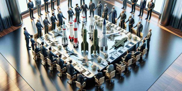 Realistic high-definition image displaying a representation of major contracts being symbolically awarded for missile defense initiatives. Imagine a formal setting with a big conference table spread with scale models of missiles and defense systems. A diverse set of men and women from different descents like Middle-Eastern, Hispanic, South Asian, White, Black and Caucasian, all dressed in formal attire, engaged in discussion and handshake for the contract awarding.