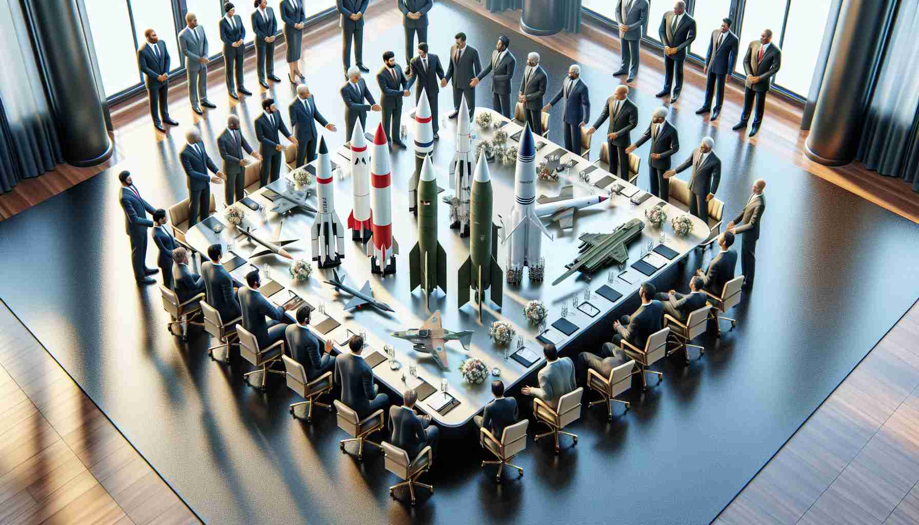 Realistic high-definition image displaying a representation of major contracts being symbolically awarded for missile defense initiatives. Imagine a formal setting with a big conference table spread with scale models of missiles and defense systems. A diverse set of men and women from different descents like Middle-Eastern, Hispanic, South Asian, White, Black and Caucasian, all dressed in formal attire, engaged in discussion and handshake for the contract awarding.