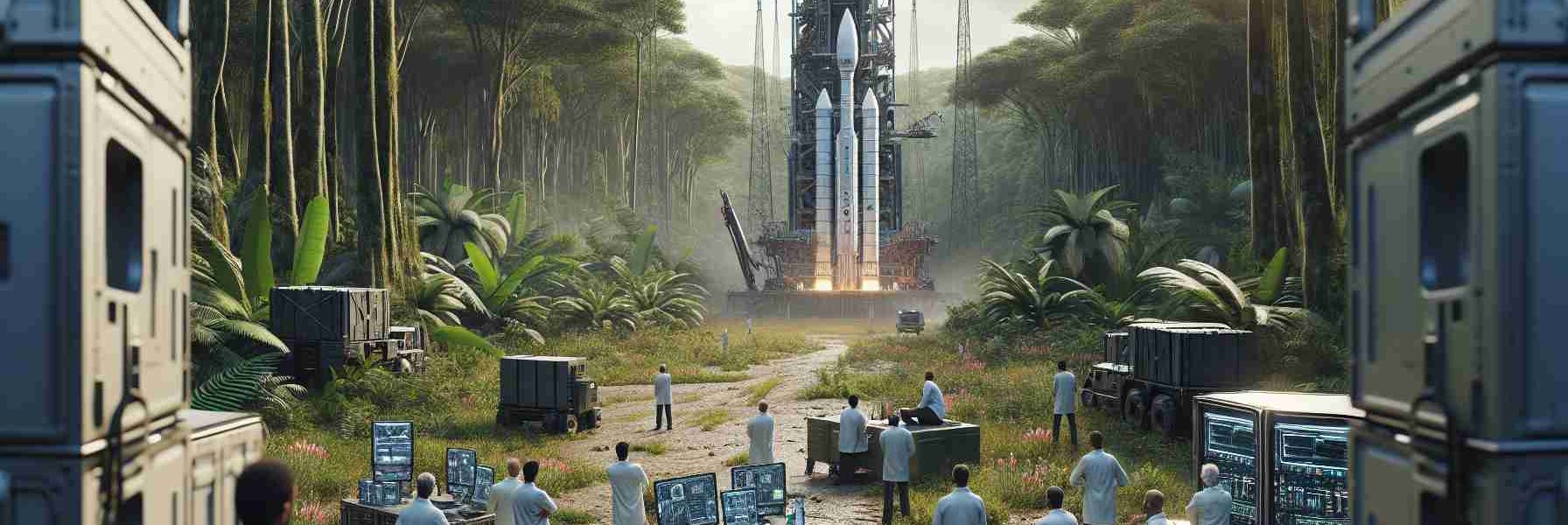 Visualize a realistic high-definition scenario depicting a delay in the launch of a satellite project. The scene is set in the heart of the Amazon forest, with towering trees and dense vegetation all around. In the clearing, large machines and complicated tech equipment are scattered around, surrounded by a team of diverse scientists. Some are Caucasian, some Black, some Hispanic, and there are both men and women mixed into the group. They are all involved in heated discussions, pointing towards a distant launchpad with the imposing silhouette of a satellite. Skies overhead are clouding up – a possible reason for the delay.