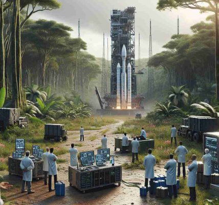 Visualize a realistic high-definition scenario depicting a delay in the launch of a satellite project. The scene is set in the heart of the Amazon forest, with towering trees and dense vegetation all around. In the clearing, large machines and complicated tech equipment are scattered around, surrounded by a team of diverse scientists. Some are Caucasian, some Black, some Hispanic, and there are both men and women mixed into the group. They are all involved in heated discussions, pointing towards a distant launchpad with the imposing silhouette of a satellite. Skies overhead are clouding up – a possible reason for the delay.