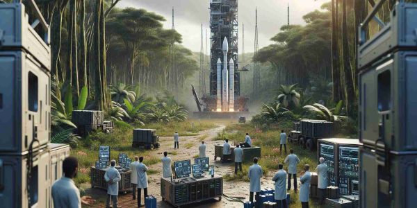 Visualize a realistic high-definition scenario depicting a delay in the launch of a satellite project. The scene is set in the heart of the Amazon forest, with towering trees and dense vegetation all around. In the clearing, large machines and complicated tech equipment are scattered around, surrounded by a team of diverse scientists. Some are Caucasian, some Black, some Hispanic, and there are both men and women mixed into the group. They are all involved in heated discussions, pointing towards a distant launchpad with the imposing silhouette of a satellite. Skies overhead are clouding up – a possible reason for the delay.