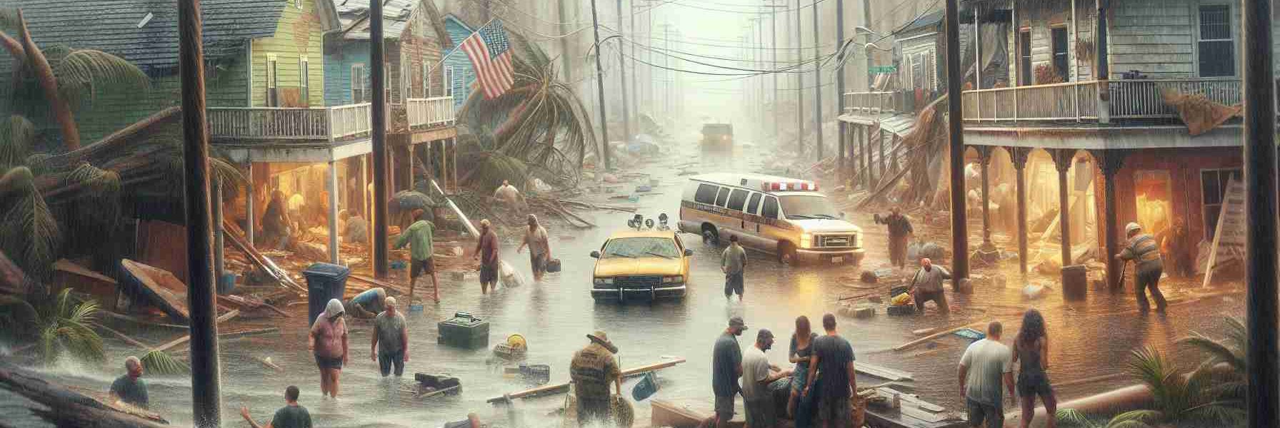 Create a detailed, high definition image depicting the aftermath in Florida following the passage of two severe hurricanes. The scene should include distressed but resilient citizens of diverse descents, damaged buildings, fallen trees, and flooded streets. The overall ambiance should communicate struggle and hardship, but also an undeniable spirit of recovery and determination.