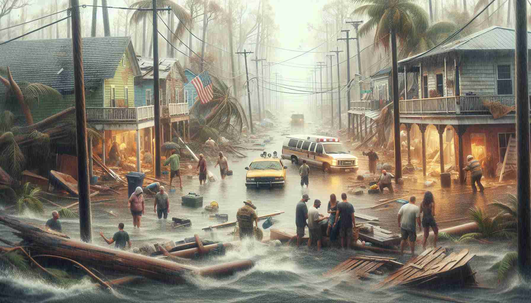 Create a detailed, high definition image depicting the aftermath in Florida following the passage of two severe hurricanes. The scene should include distressed but resilient citizens of diverse descents, damaged buildings, fallen trees, and flooded streets. The overall ambiance should communicate struggle and hardship, but also an undeniable spirit of recovery and determination.