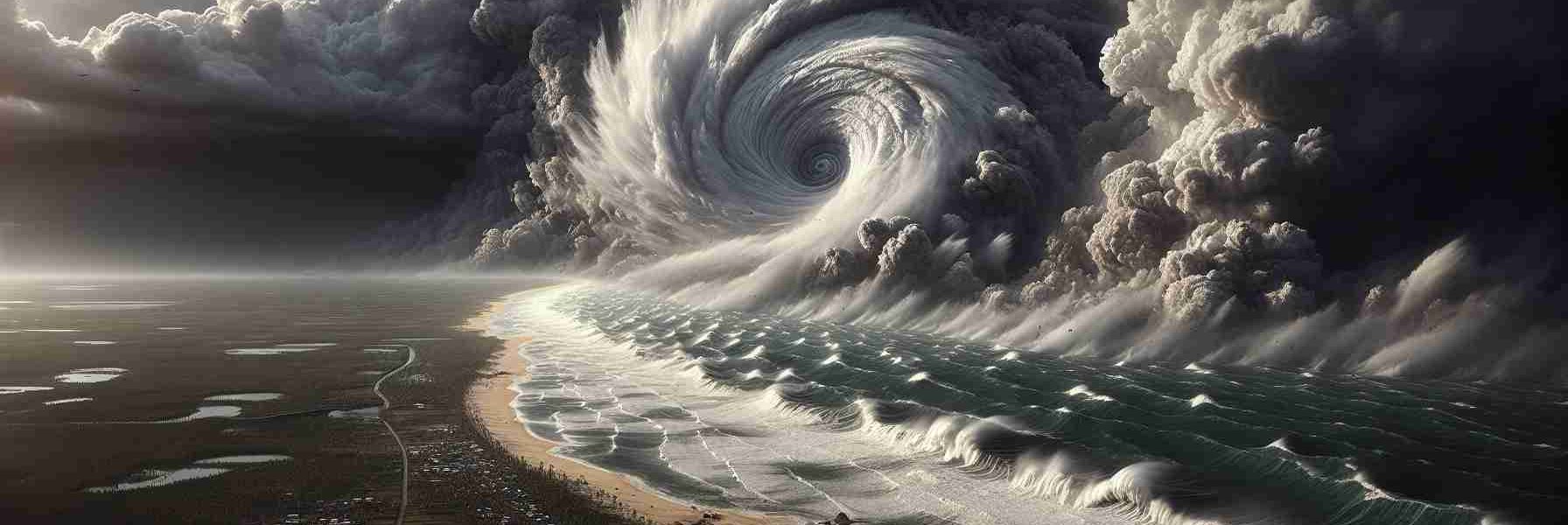 An ultra high-definition, realistic representation of a powerful cyclone named Dana, approaching the coast of Odisha, a state on the eastern coast of India. This natural disaster scene includes ominous rolling clouds, furious winds whipping the ocean into towering waves, and the coastal landscape bracing for the storm. A sense of suspense and apprehension pervades the image, as nature demonstrates its overwhelming power.