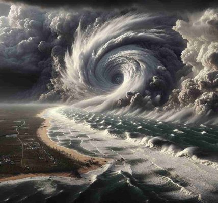 An ultra high-definition, realistic representation of a powerful cyclone named Dana, approaching the coast of Odisha, a state on the eastern coast of India. This natural disaster scene includes ominous rolling clouds, furious winds whipping the ocean into towering waves, and the coastal landscape bracing for the storm. A sense of suspense and apprehension pervades the image, as nature demonstrates its overwhelming power.