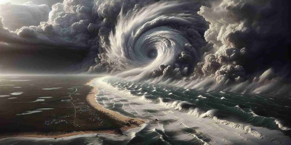 An ultra high-definition, realistic representation of a powerful cyclone named Dana, approaching the coast of Odisha, a state on the eastern coast of India. This natural disaster scene includes ominous rolling clouds, furious winds whipping the ocean into towering waves, and the coastal landscape bracing for the storm. A sense of suspense and apprehension pervades the image, as nature demonstrates its overwhelming power.