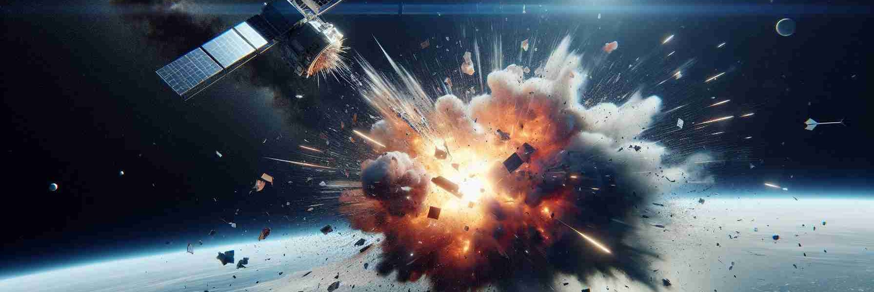 Generate a realistic, high-definition image of a satellite exploding in space. The scene should capture the immediate aftermath where a few large pieces are floating away and a cloud of smaller debris is spreading outwards against a backdrop of the earth and the infinite expanse of the cosmos.