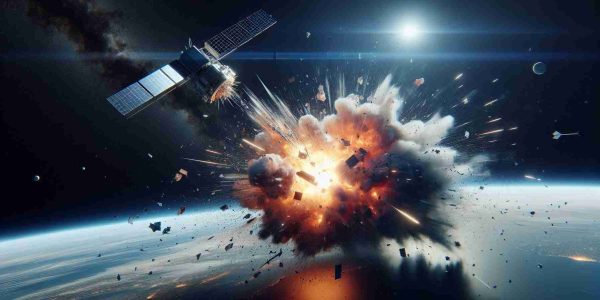 Generate a realistic, high-definition image of a satellite exploding in space. The scene should capture the immediate aftermath where a few large pieces are floating away and a cloud of smaller debris is spreading outwards against a backdrop of the earth and the infinite expanse of the cosmos.