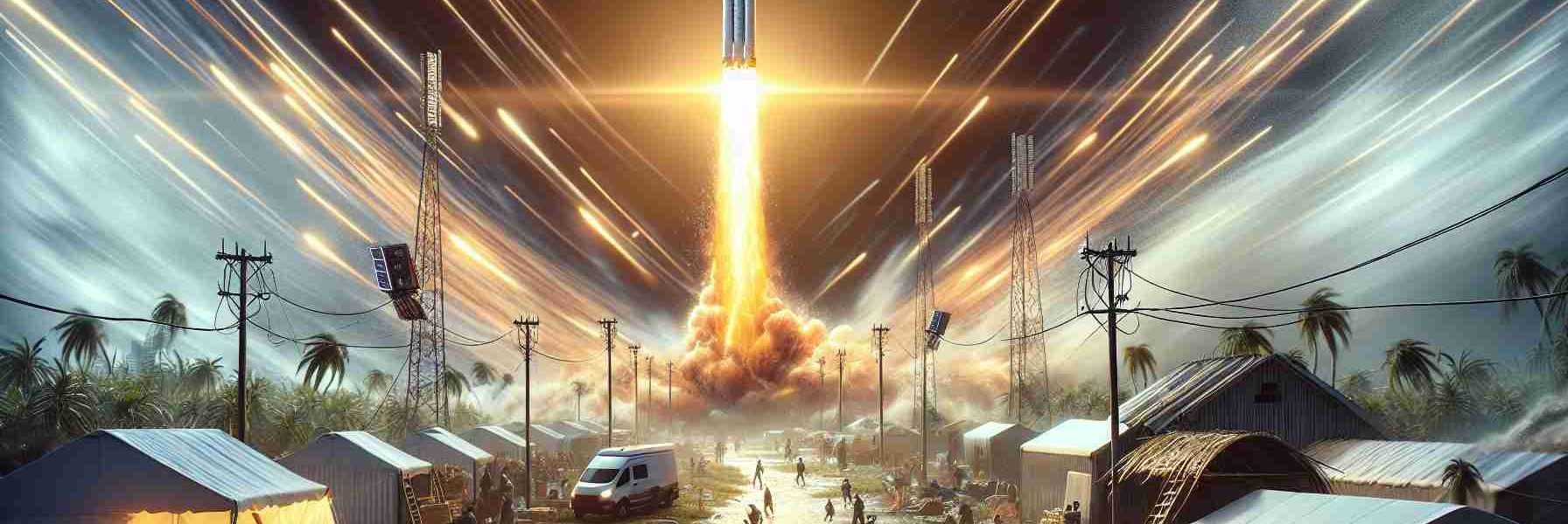 A high-definition realistic image depicts the scenario of a space network's satellite launch. Amid a clear sky, streaks of brilliant, fiery light radiate from the rocket as it ascends, showcasing the pivotal role in the advancement of global communication around the world. The backdrop illustrates a hurricane-stricken area, filled with relief aid tents, supplies, and bustling people working tirelessly around the clock. A basic communication setup is seen, symbolising the extended free internet service, empowered by the satellite launch.