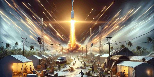 A high-definition realistic image depicts the scenario of a space network's satellite launch. Amid a clear sky, streaks of brilliant, fiery light radiate from the rocket as it ascends, showcasing the pivotal role in the advancement of global communication around the world. The backdrop illustrates a hurricane-stricken area, filled with relief aid tents, supplies, and bustling people working tirelessly around the clock. A basic communication setup is seen, symbolising the extended free internet service, empowered by the satellite launch.