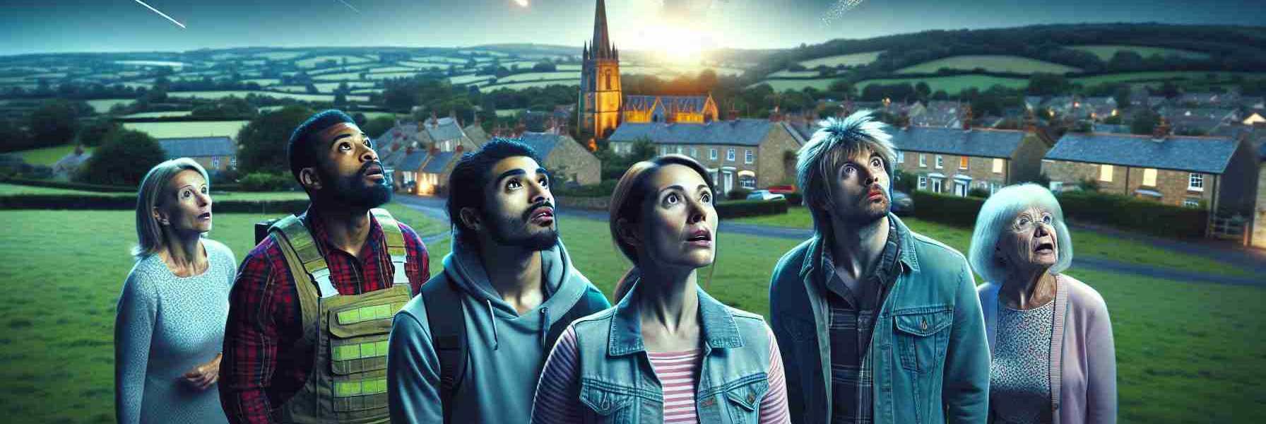 Create a photorealistic image in high definition of a group of diverse residents, including a Middle-Eastern woman and a South Asian man, looking towards the sky with expressions of awe and confusion as they witness an unexpected satellite show, with streaks of bright light breaking through the dusk sky of a locality that represents rural Dorset, England, characterized by its green countryside landscape and traditional English houses.