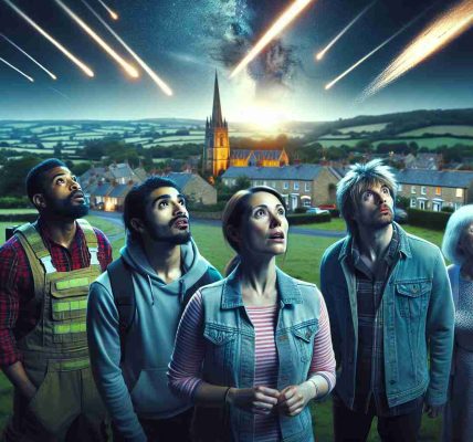 Create a photorealistic image in high definition of a group of diverse residents, including a Middle-Eastern woman and a South Asian man, looking towards the sky with expressions of awe and confusion as they witness an unexpected satellite show, with streaks of bright light breaking through the dusk sky of a locality that represents rural Dorset, England, characterized by its green countryside landscape and traditional English houses.